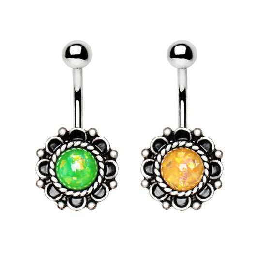 Stainless Steel Antique Synthetic Opal Floral Charm Navel Ring
