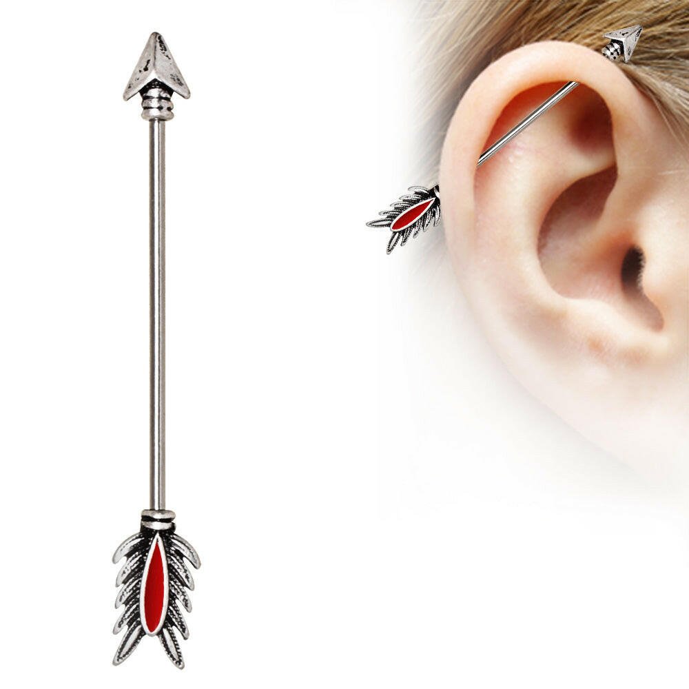 Stainless Steel Antique Tribal Arrow Industrial Barbell with Red Feather Industrial Barbell Impulse Piercings