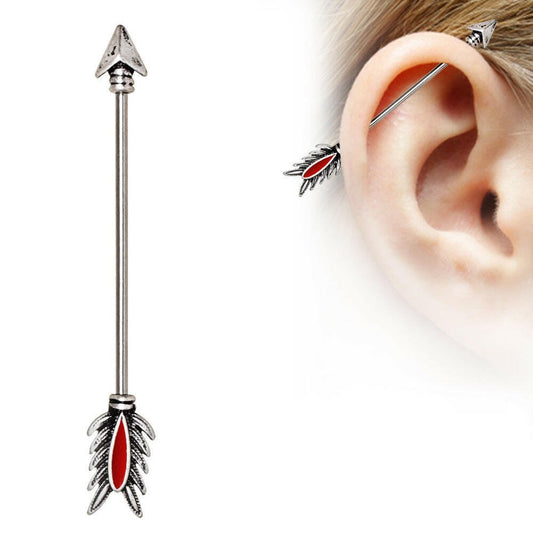 Stainless Steel Antique Tribal Arrow Industrial Barbell with Red Feather