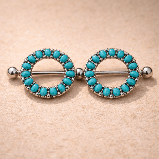 Antique turquoise nipple shield barbell 14G pair, 316L stainless steel, oval turquoise beads, black antique finish