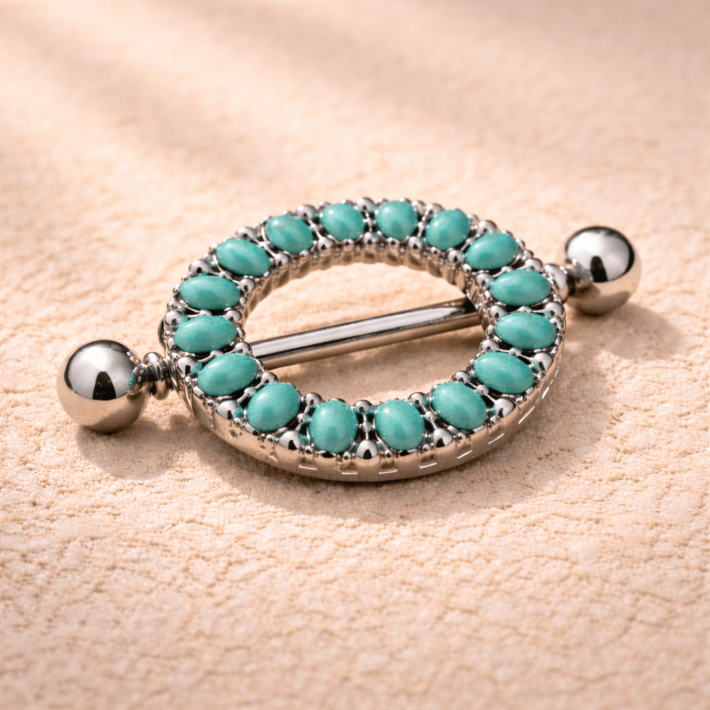 Side view of antique turquoise nipple shield barbell, 14G externally threaded, 316L stainless steel