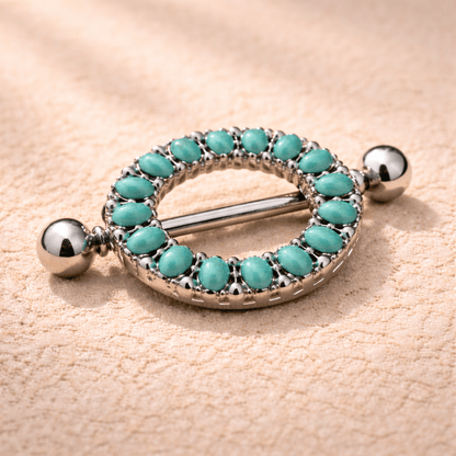 Side view of antique turquoise nipple shield barbell, 14G externally threaded, 316L stainless steel