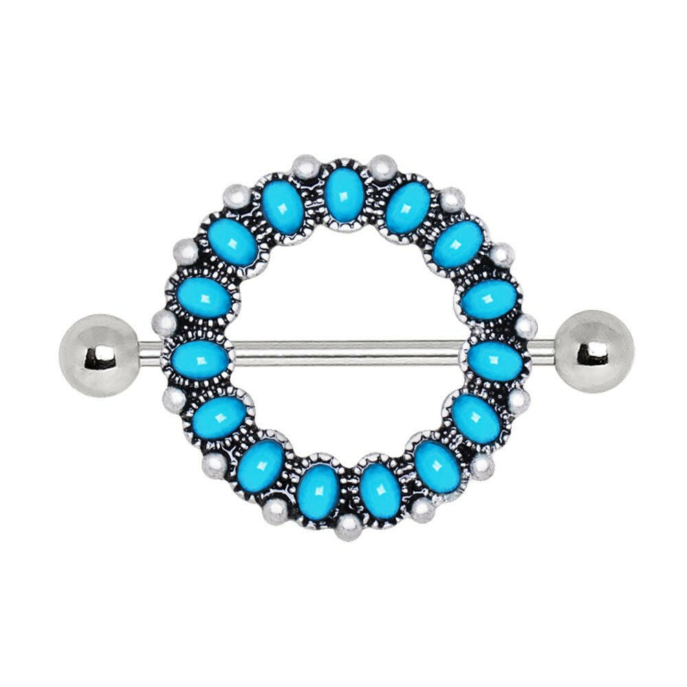 Antique turquoise nipple shield pair on white background, 14G black plated stainless steel, oval turquoise beads