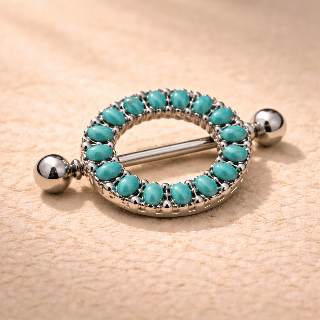 Side view of antique turquoise nipple shield barbell, 14G externally threaded, 316L stainless steel