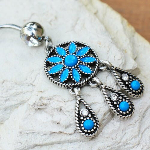Stainless Steel Antique Turquoise Teardrop Navel Ring