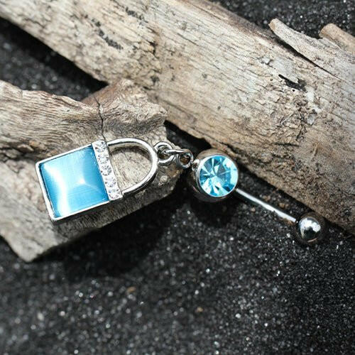 Stainless Steel Aqua Cat's Eye Lock Dangle Navel Ring