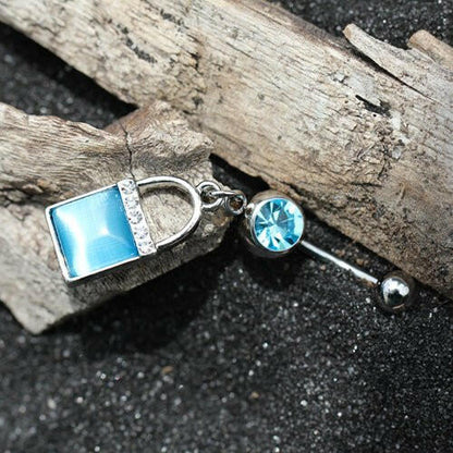 Stainless Steel Aqua Cat's Eye Lock Dangle Navel Ring