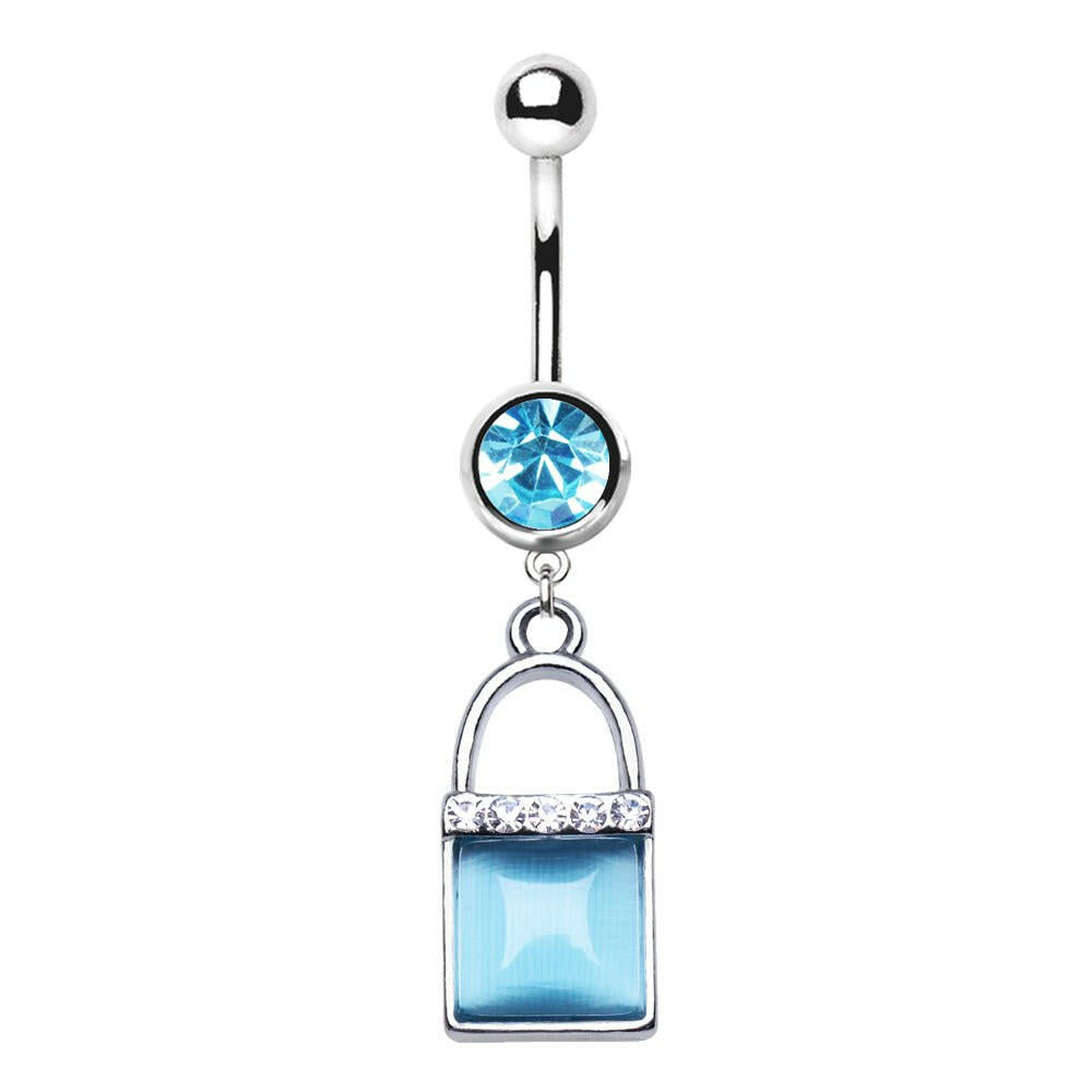 Stainless Steel Aqua Cat's Eye Lock Dangle Navel Ring