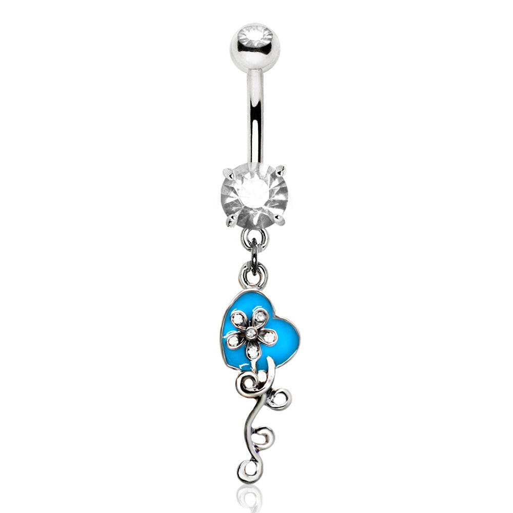 Stainless Steel Aqua Heart & Flower Dangle Navel Ring Navel Ring Impulse Piercings