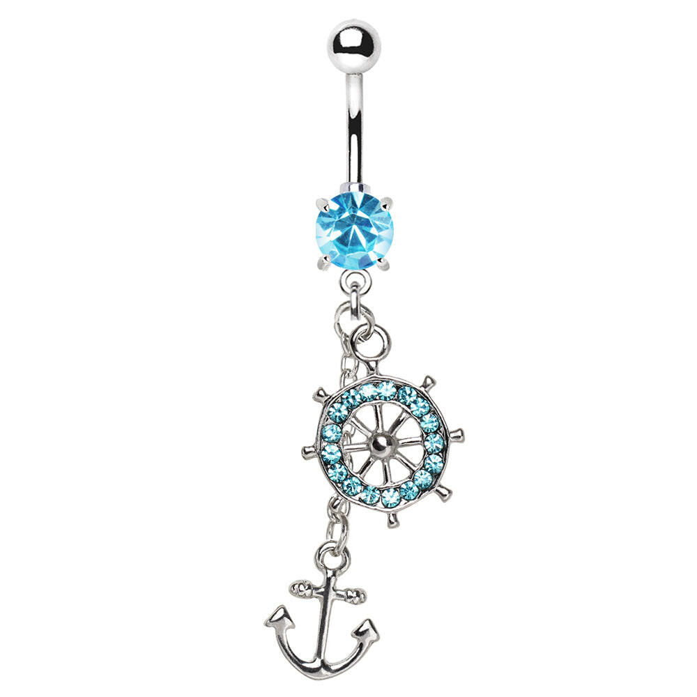 Stainless Steel Aqua Ship Wheel & Anchor Dangle Navel Ring Navel Ring Impulse Piercings