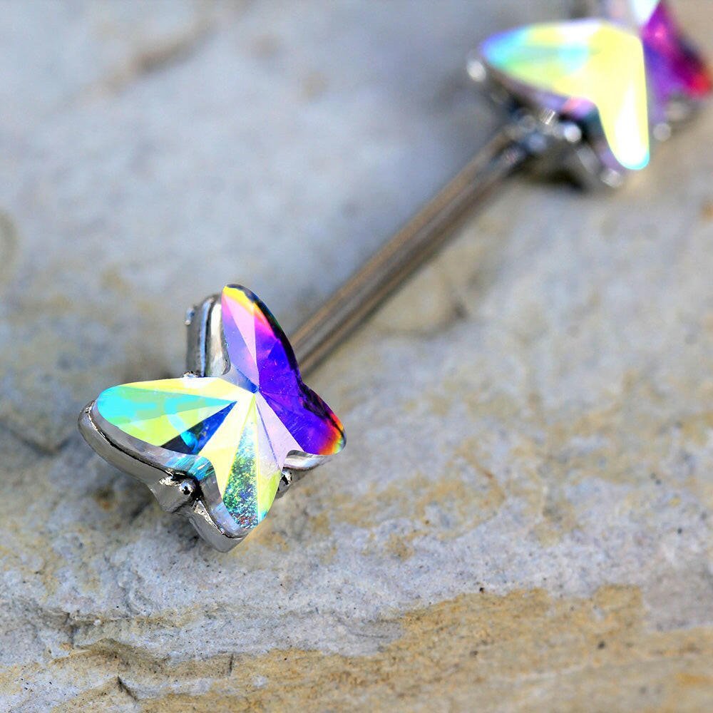 Stainless Steel Aurora Borealis Butterfly Nipple Bar