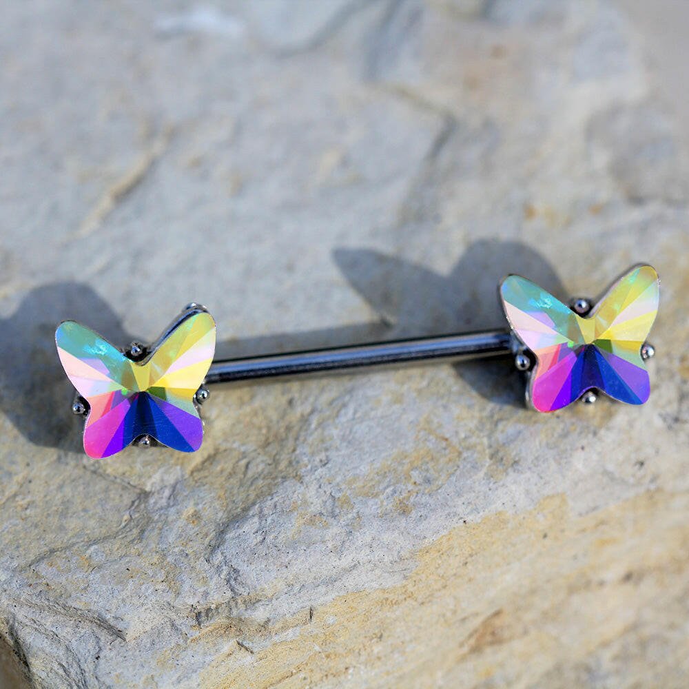 Stainless Steel Aurora Borealis Butterfly Nipple Bar Nipple Ring Impulse Piercings