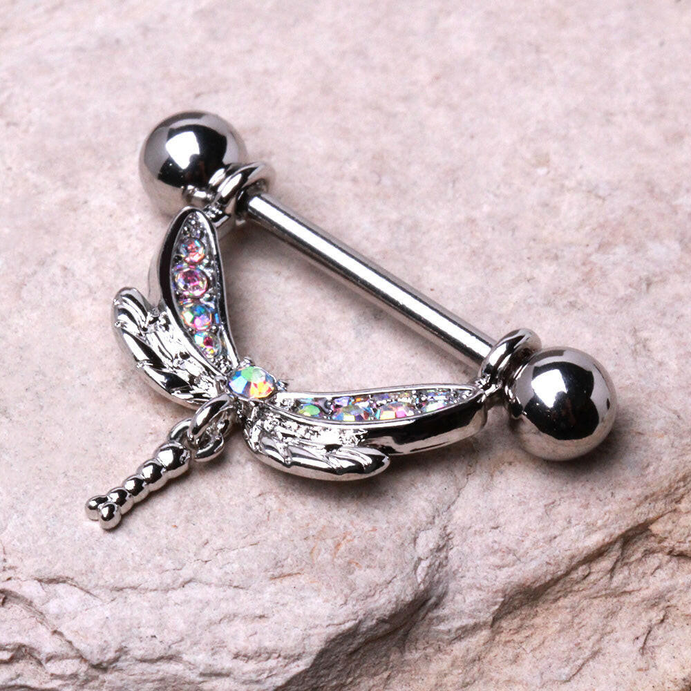 Stainless Steel Aurora Borealis Dragonfly Nipple Ring Nipple Ring Impulse Piercings