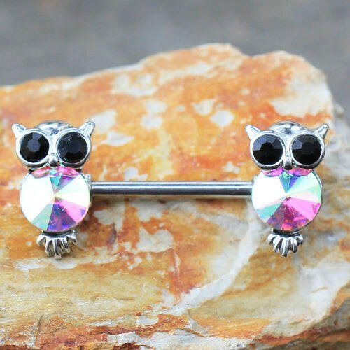 Aurora Owl Nipple Bar CZ crystal detail closeup