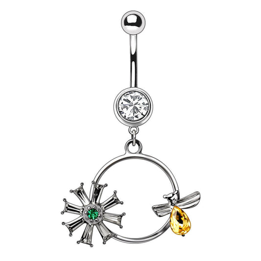 Stainless Steel Bee and Flower Dangle Navel Ring