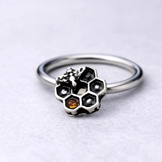 Stainless Steel Bee and Honeycomb Seamless Ring / Cartilage Earring