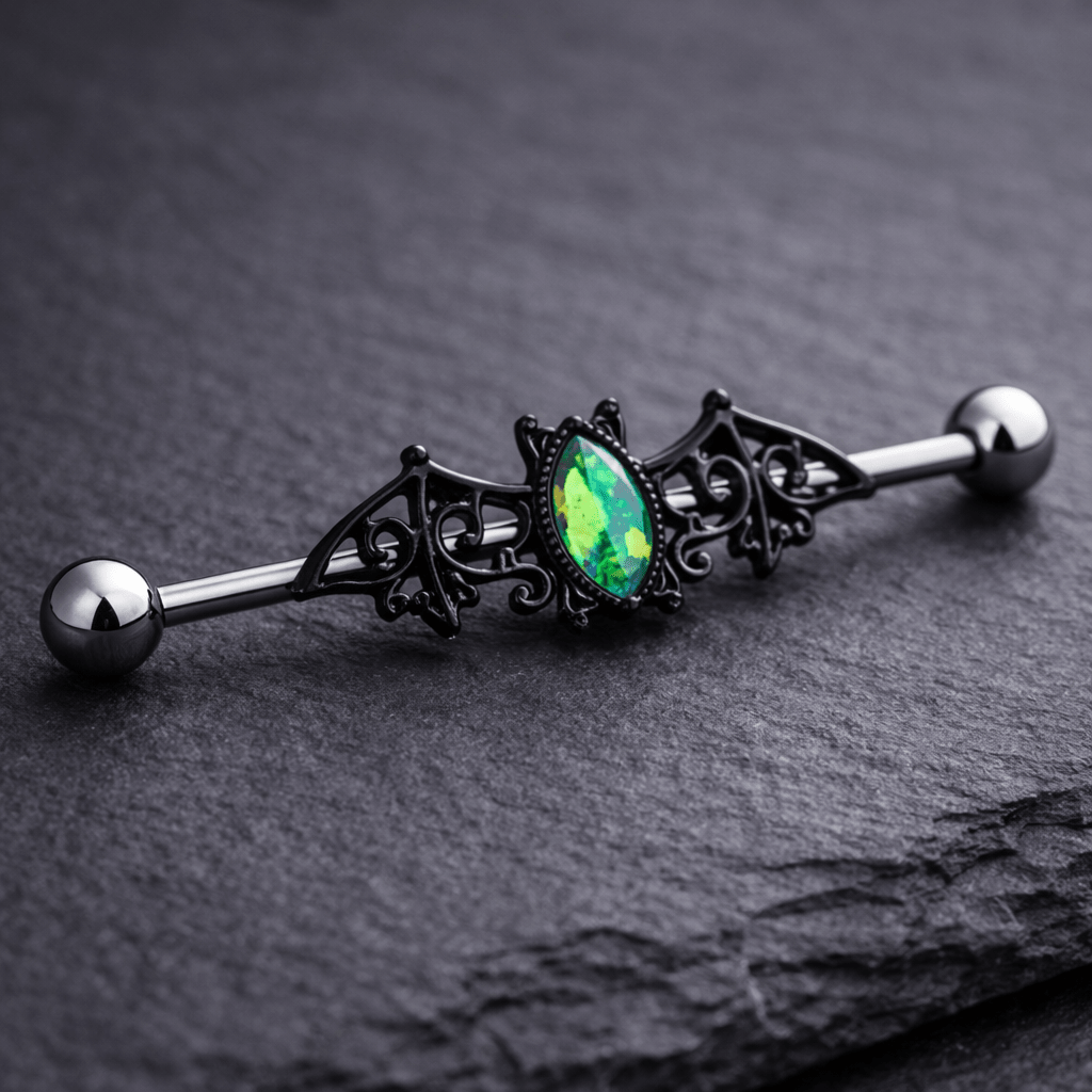 Stainless Steel Black Bat with Green Synthetic Opal Industrial Barbell Industrial Barbell Impulse Piercings