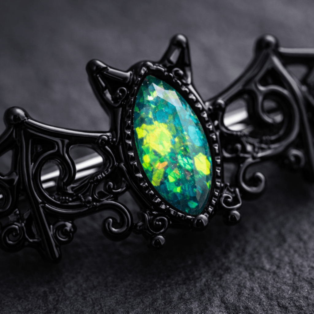 Stainless Steel Black Bat with Green Synthetic Opal Industrial Barbell Industrial Barbell Impulse Piercings
