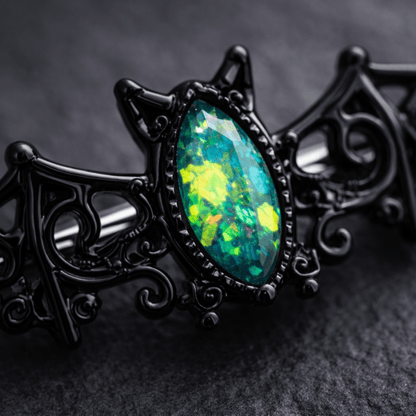 Stainless Steel Black Bat with Green Synthetic Opal Industrial Barbell Industrial Barbell Impulse Piercings