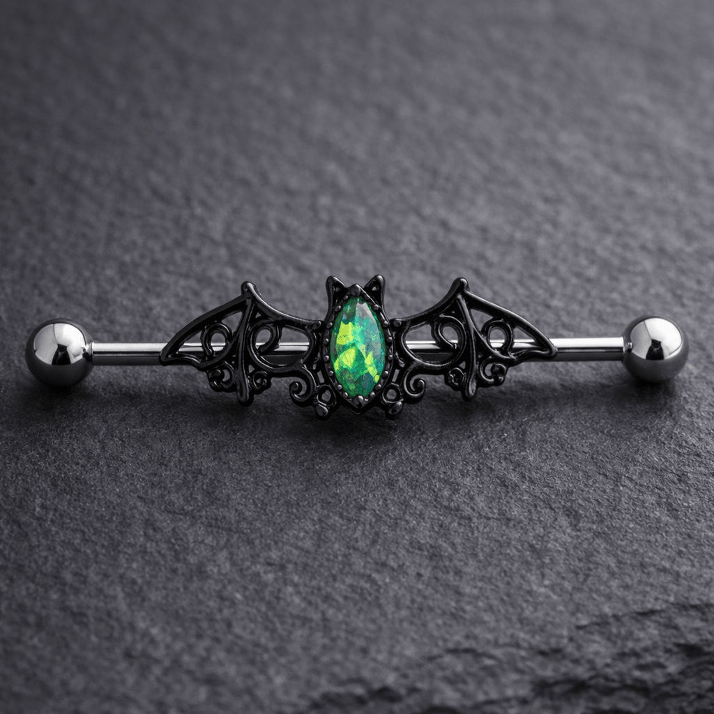 Stainless Steel Black Bat with Green Synthetic Opal Industrial Barbell Industrial Barbell Impulse Piercings