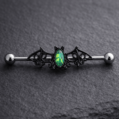 Stainless Steel Black Bat with Green Synthetic Opal Industrial Barbell Industrial Barbell Impulse Piercings