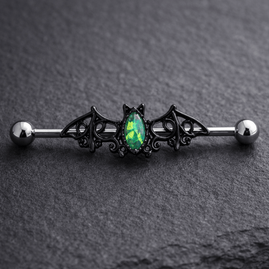 Stainless Steel Black Bat with Green Synthetic Opal Industrial Barbell Industrial Barbell Impulse Piercings