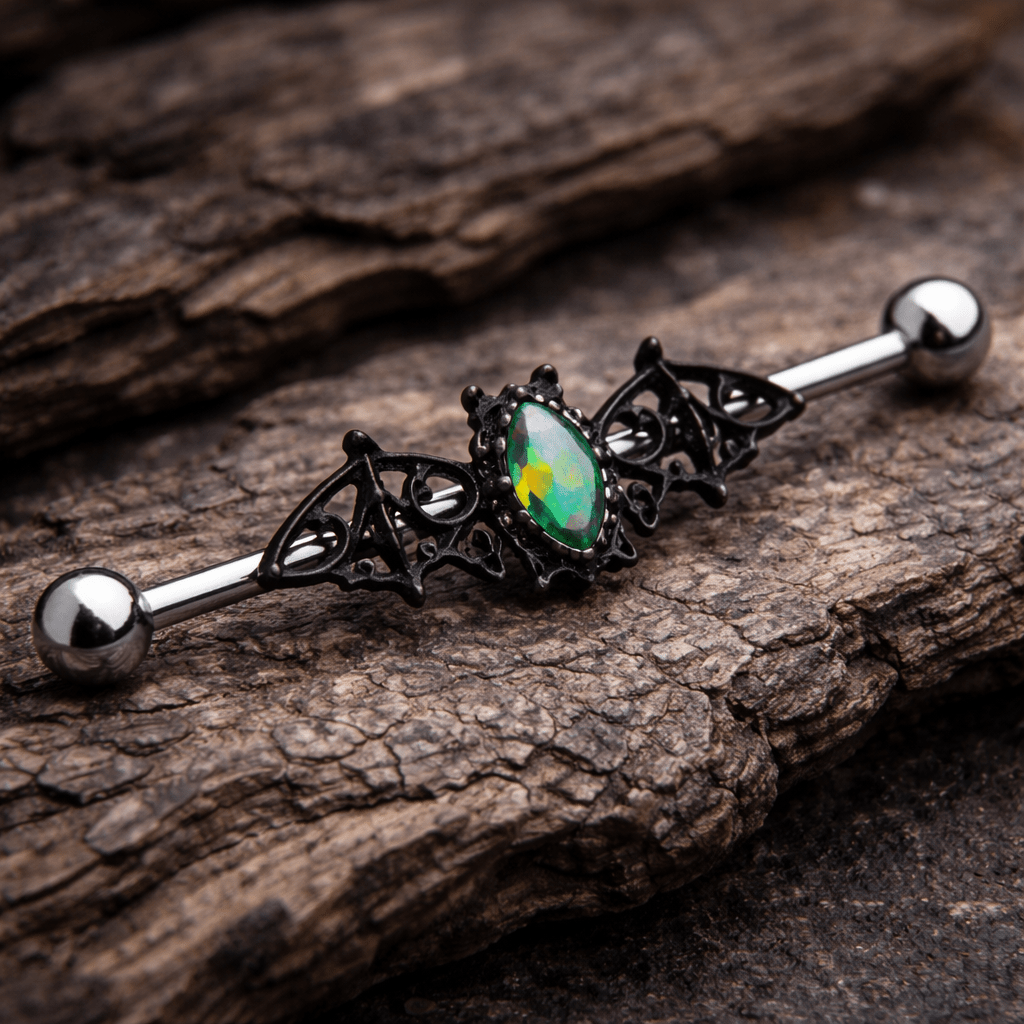 Stainless Steel Black Bat with Green Synthetic Opal Industrial Barbell Industrial Barbell Impulse Piercings
