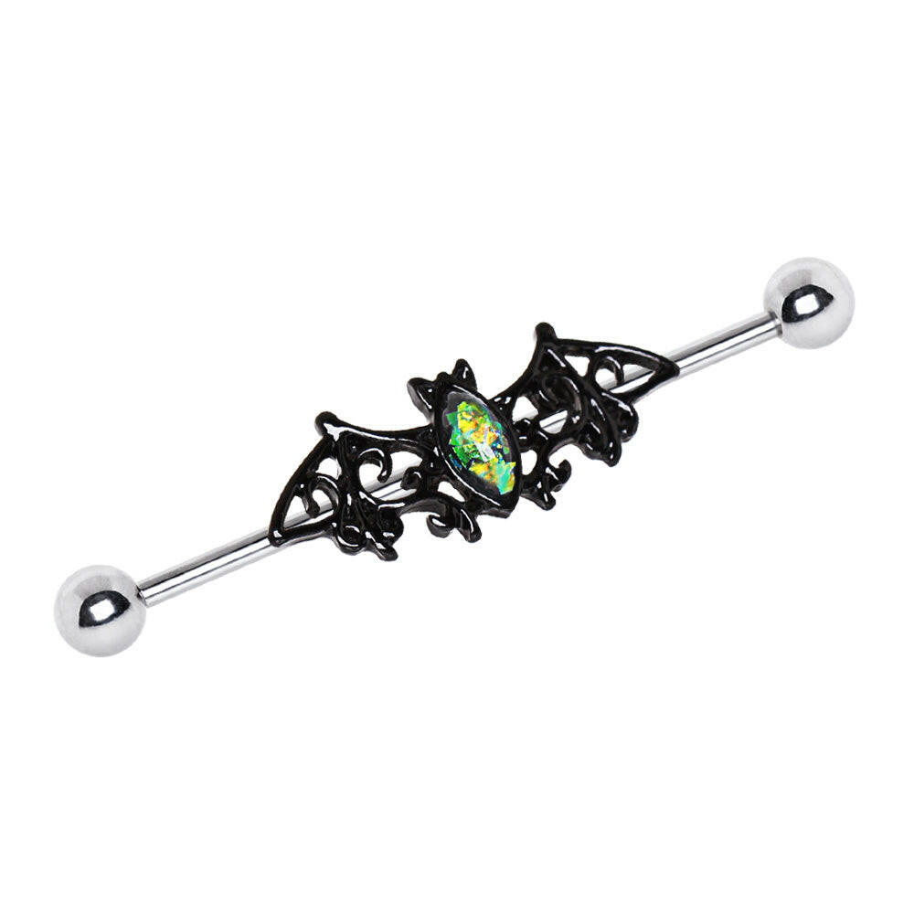 Stainless Steel Black Bat with Green Synthetic Opal Industrial Barbell Industrial Barbell Impulse Piercings