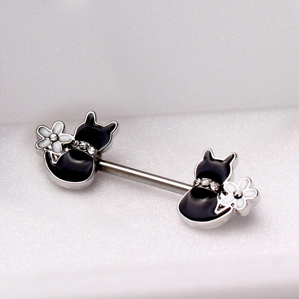 Stainless Steel Black Cat with Flower Nipple Bar Nipple Ring Impulse Piercings