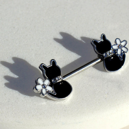 Stainless Steel Black Cat with Flower Nipple Bar Nipple Ring Impulse Piercings