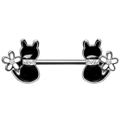 Stainless Steel Black Cat with Flower Nipple Bar Nipple Ring Impulse Piercings