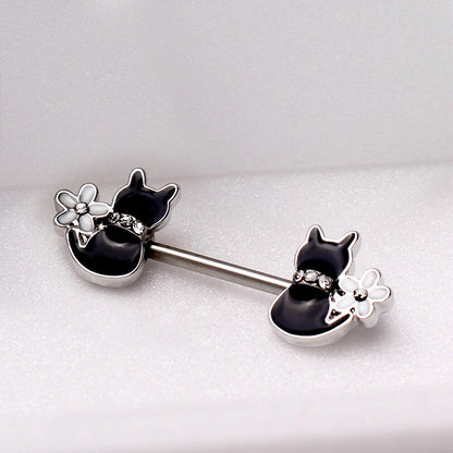 Stainless Steel Black Cat with Flower Nipple Bar