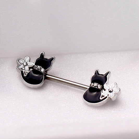 Stainless Steel Black Cat with Flower Nipple Bar