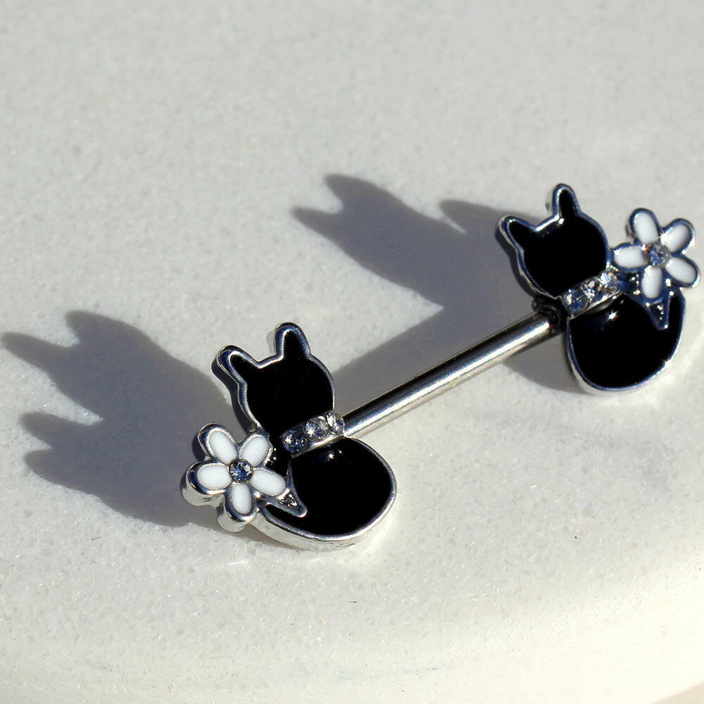 Stainless Steel Black Cat with Flower Nipple Bar