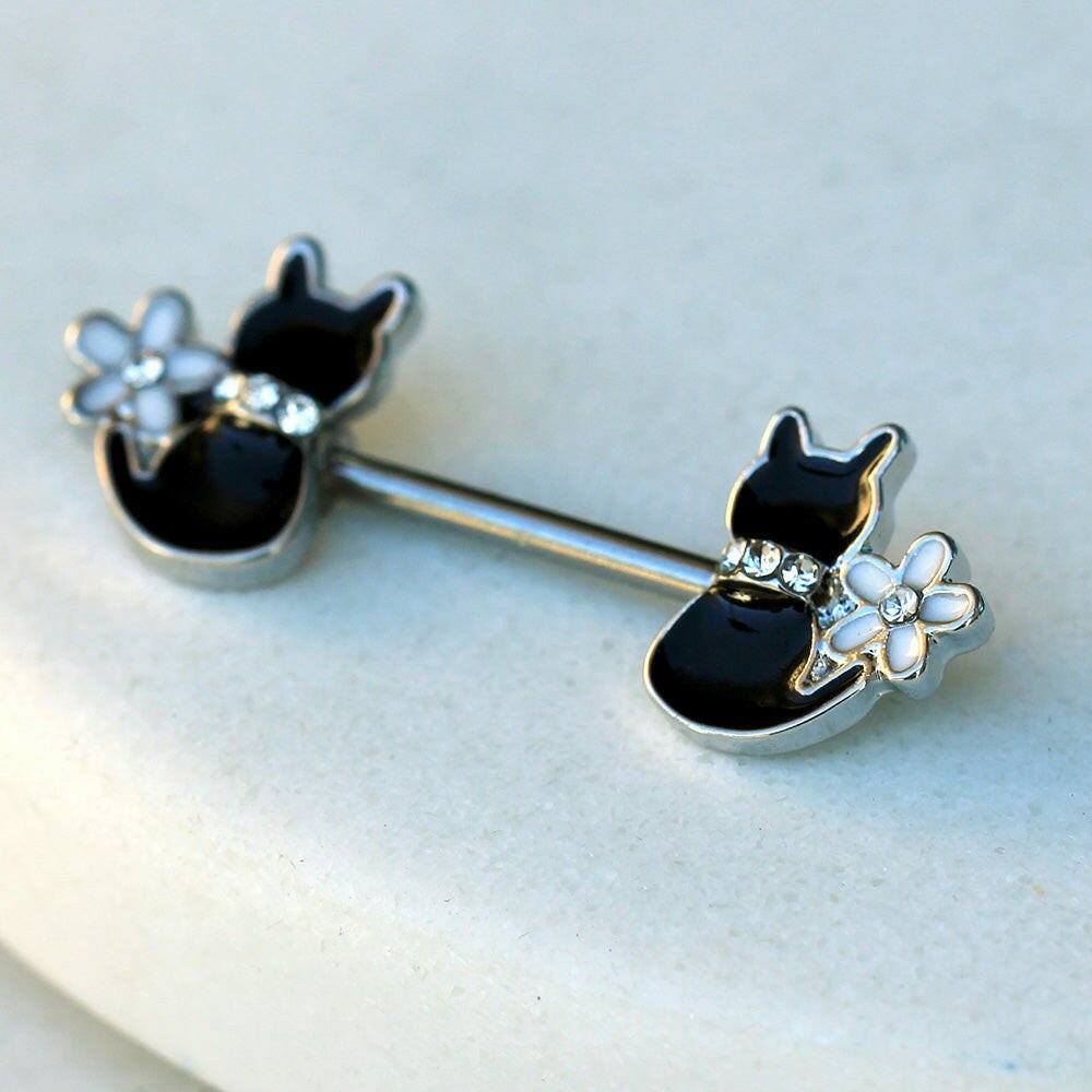 Stainless Steel Black Cat with Flower Nipple Bar Nipple Ring Impulse Piercings