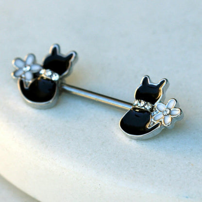 Stainless Steel Black Cat with Flower Nipple Bar Nipple Ring Impulse Piercings