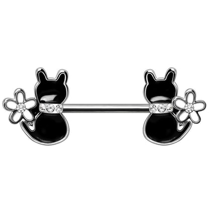 Stainless Steel Black Cat with Flower Nipple Bar