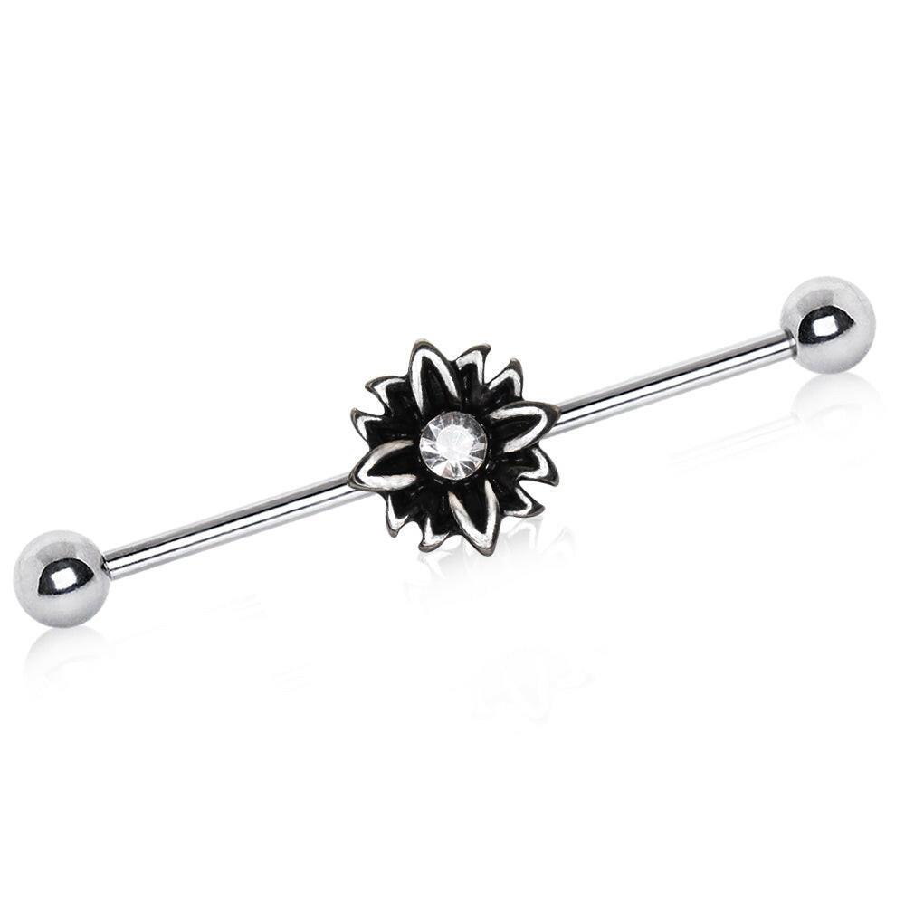 Stainless Steel Black Flower Industrial Barbell Industrial Barbell Impulse Piercings