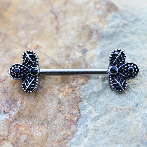 Stainless Steel Black Peacock Feather Nipple Bar Nipple Ring Impulse Piercings