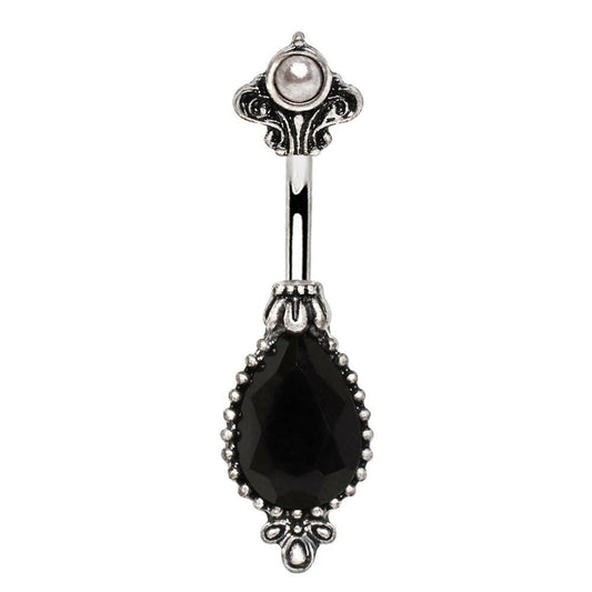 Black Victorian Belly Button Ring 14G Dangle Navel Ring CZ Faux Pearl Gothic Jewelry
