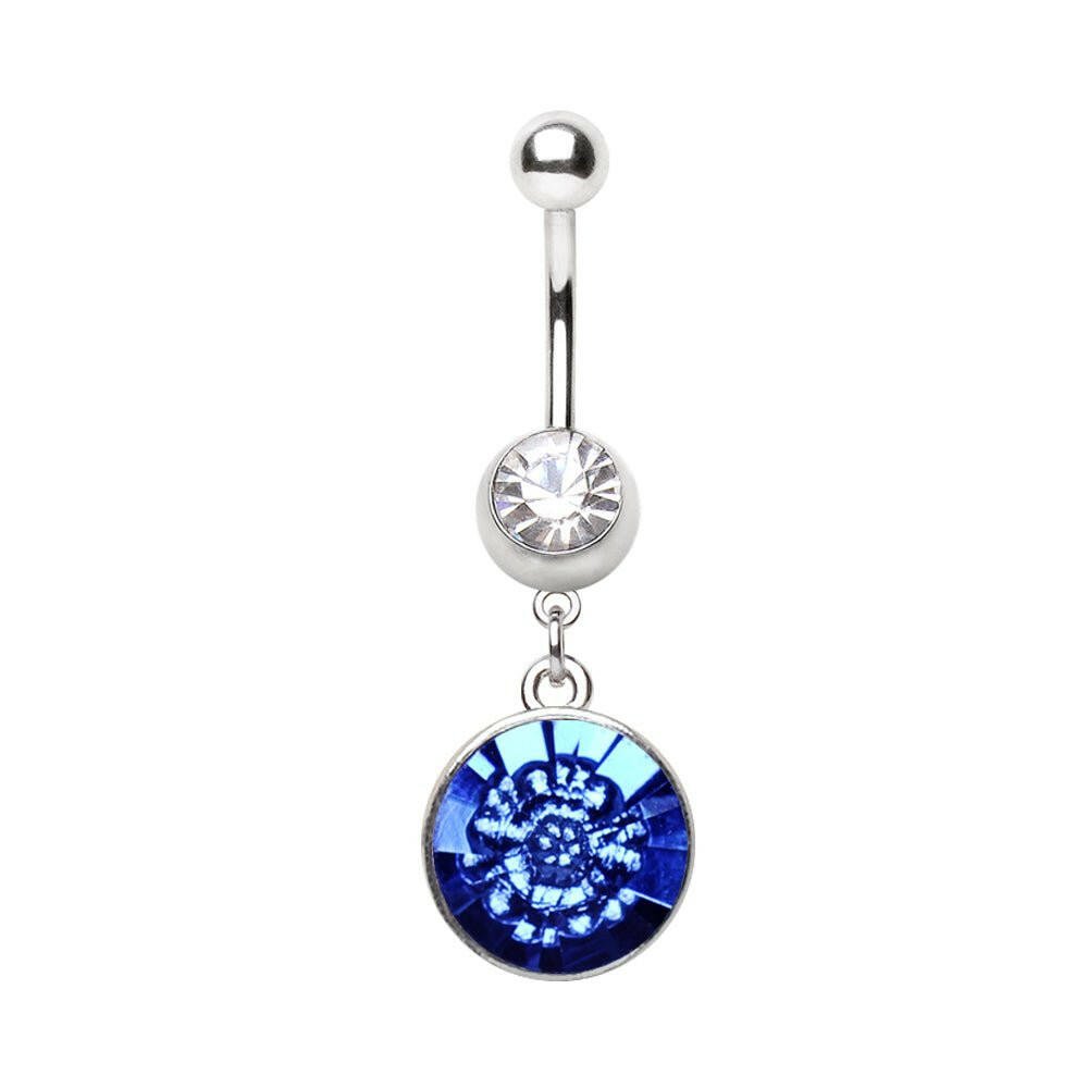 Stainless Steel Blue Captured Flower Faceted CZ Dangle Navel Ring
