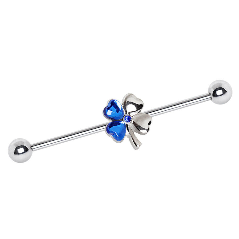 Stainless Steel Blue Clover Leaf Industrial Barbell Industrial Barbell Impulse Piercings