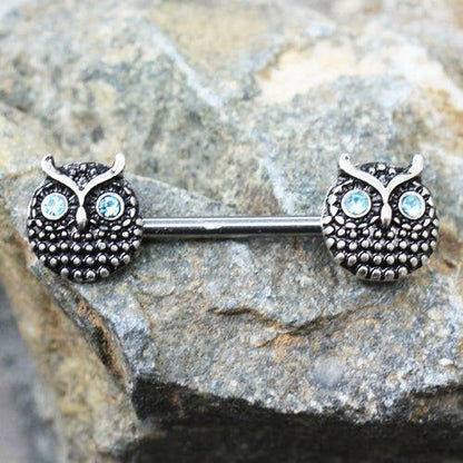 Stainless Steel Blue Eyed Owl Nipple Bar Nipple Ring Impulse Piercings