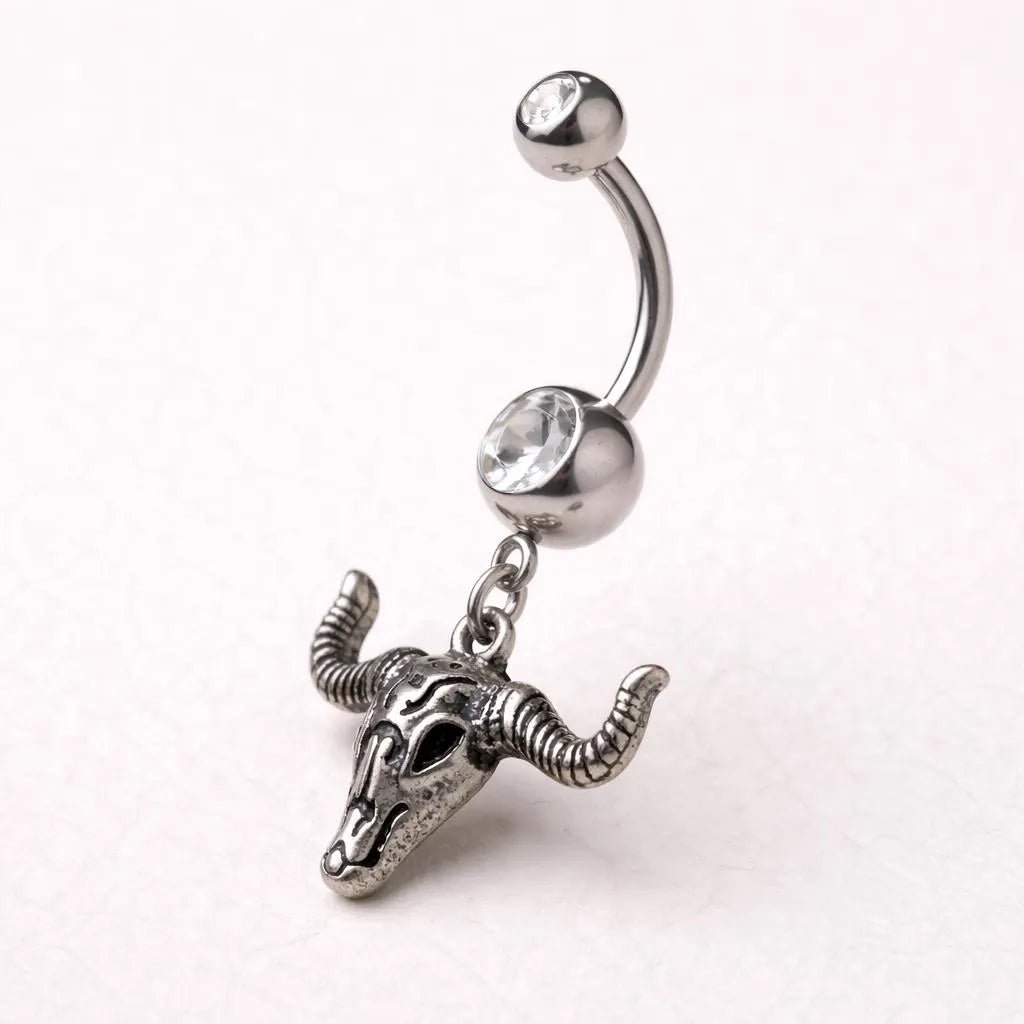 Stainless Steel Bull Skull Dangle Navel Ring - Skin Metals