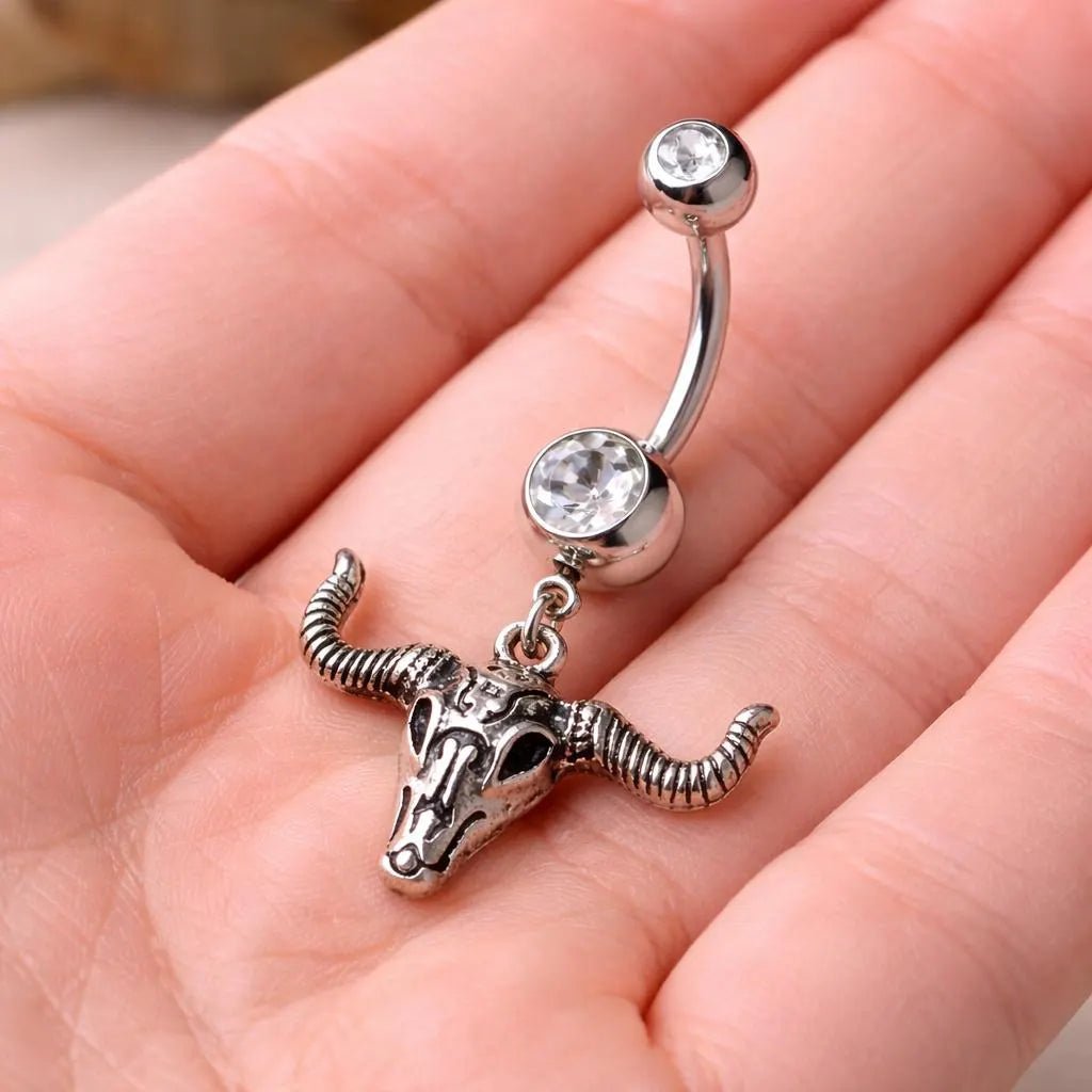 Stainless Steel Bull Skull Dangle Navel Ring - Skin Metals
