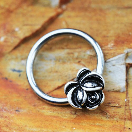 Stainless Steel Captive Bead Ring with Antique Plated Flower Bead Ring Impulse Piercings