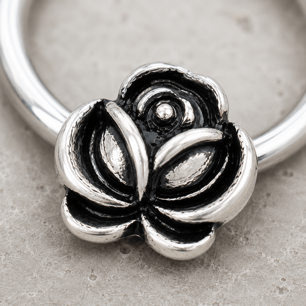 Stainless Steel Captive Bead Ring with Antique Plated Flower - Skin Metals