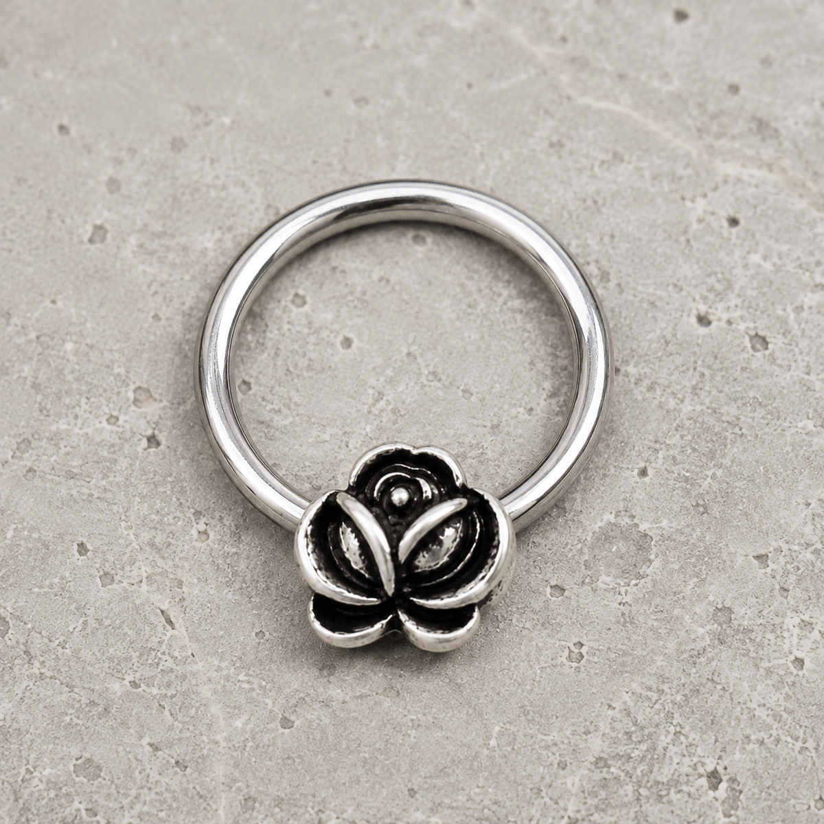 Stainless Steel Captive Bead Ring with Antique Plated Flower - Skin Metals