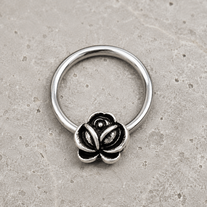 Stainless Steel Captive Bead Ring with Antique Plated Flower - Skin Metals