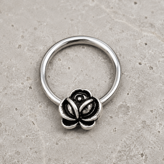 Stainless Steel Captive Bead Ring with Antique Plated Flower - Skin Metals